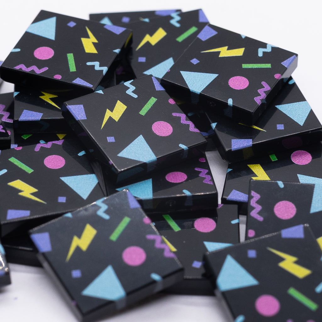 Close-up of EJA Bricks Arcade Tiles with colorful retro geometric print