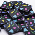 Close-up of EJA Bricks Arcade Tiles with colorful retro geometric print