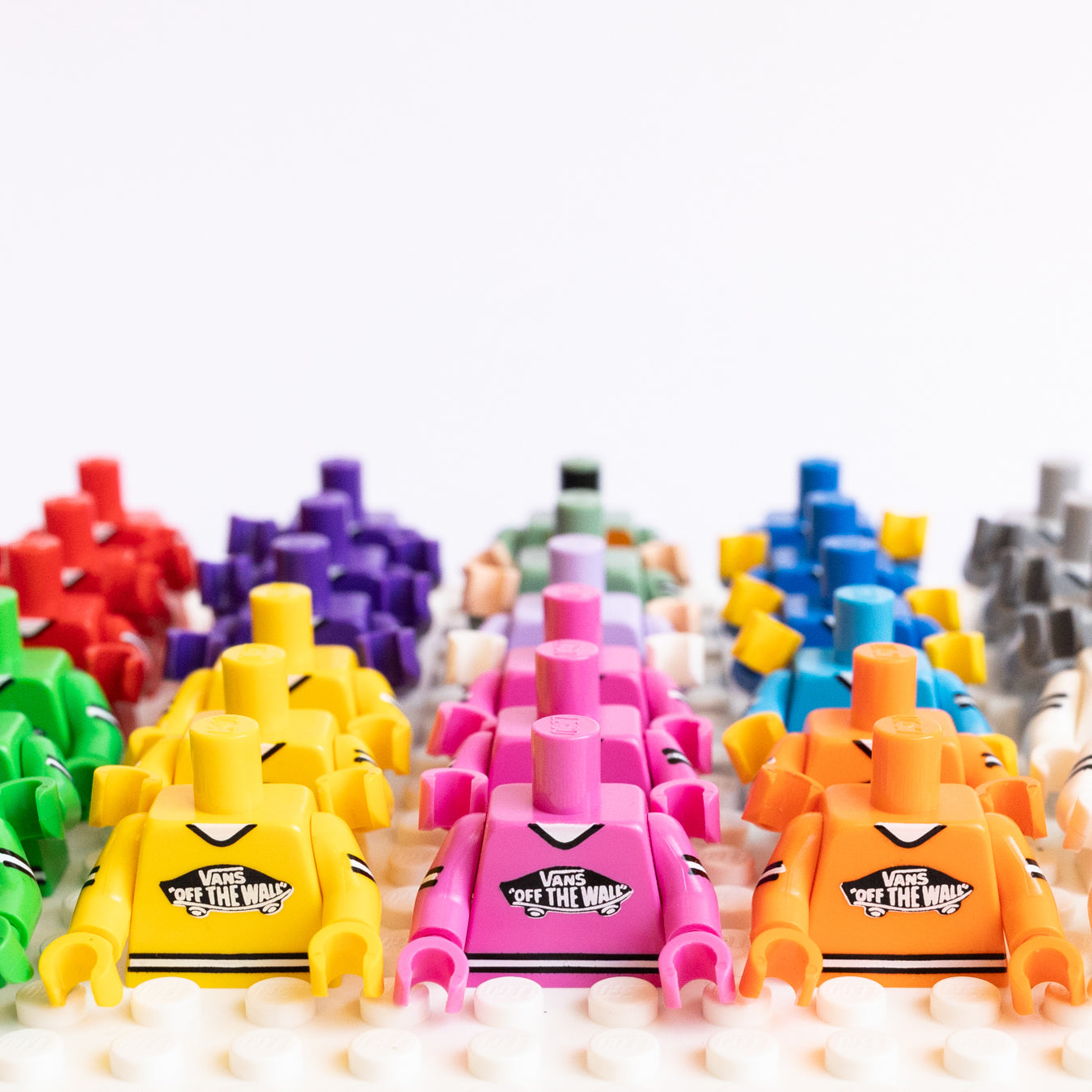 Color lineup of custom Vans logo minifigure torsos